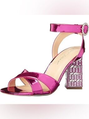 Betsey Johnson Bell fuchsia strappy sandals geometric rhinestone block heel 9M